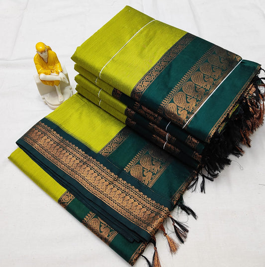 Lemon with Bottle green Silk Cotton Saree