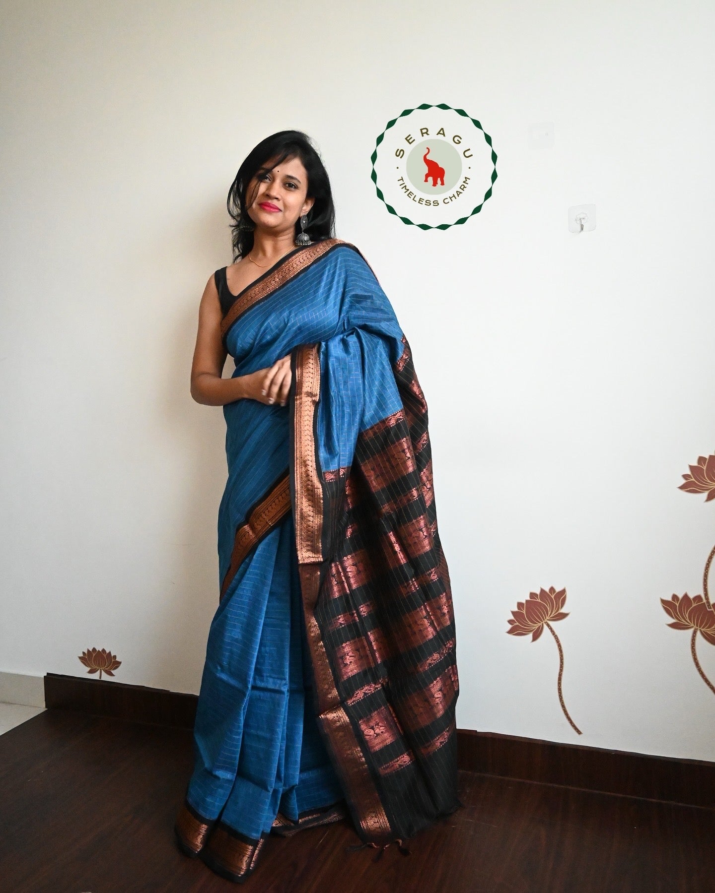 Blue with black silk cotton saree