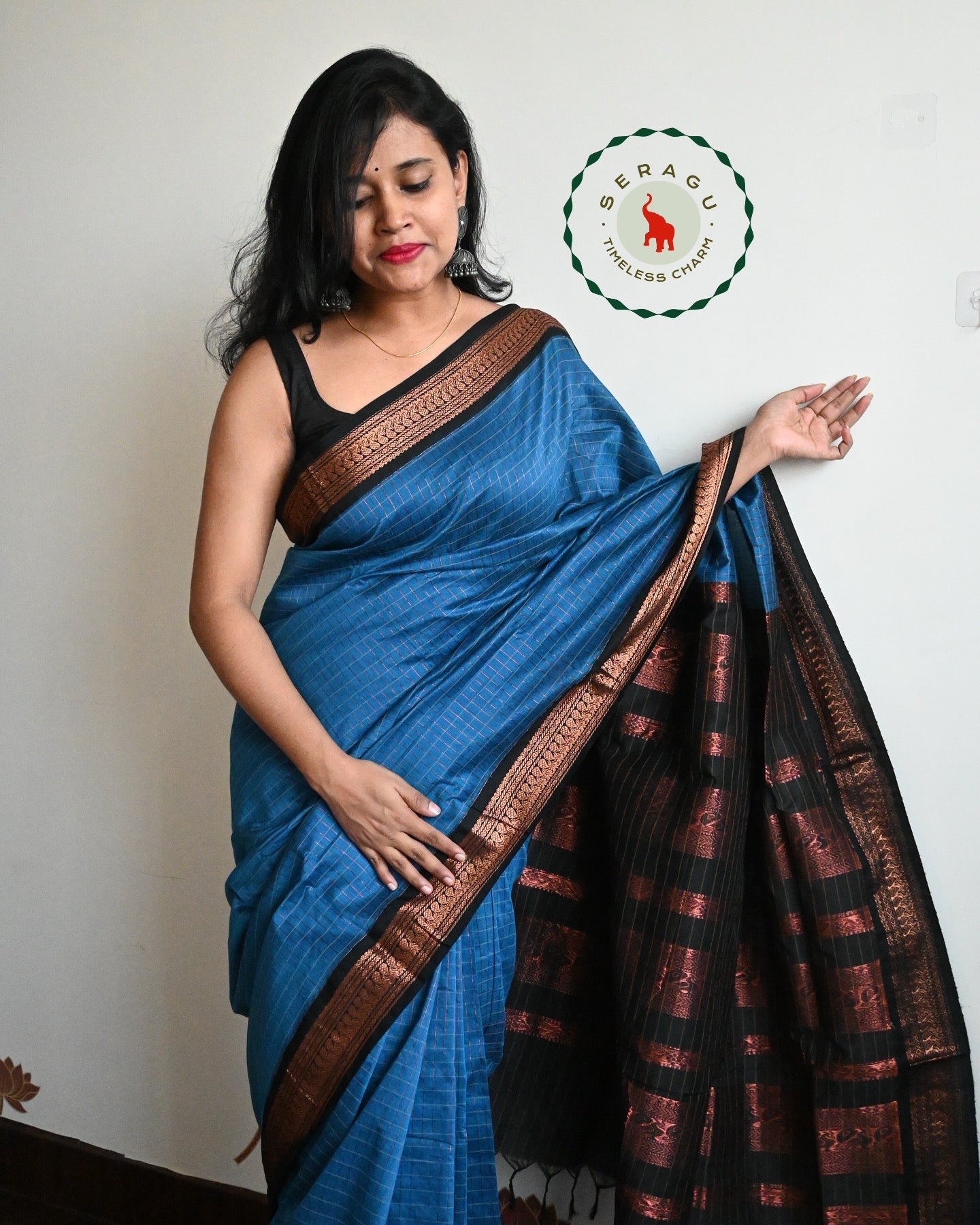 Blue with black silk cotton saree