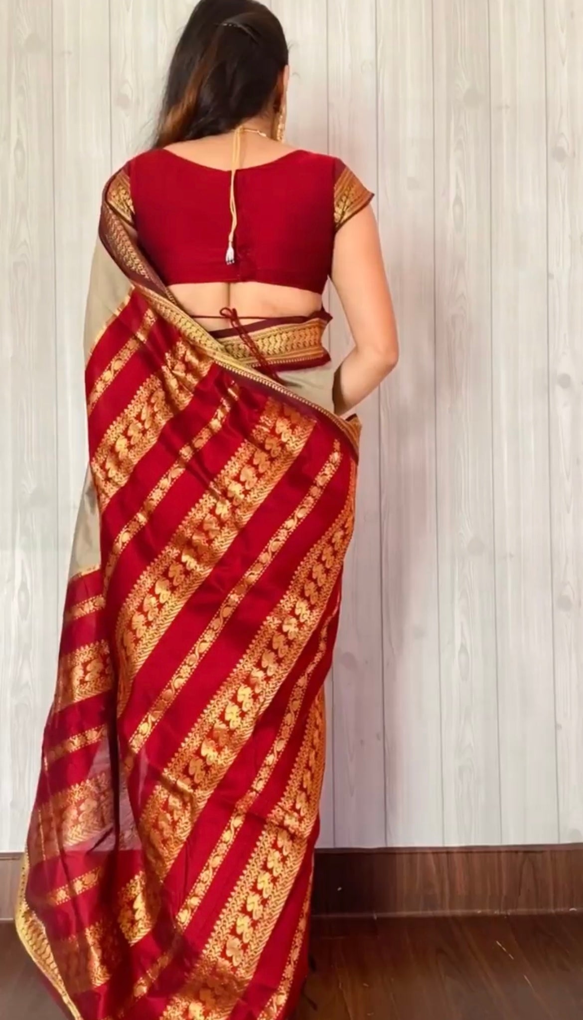 Red and Beige Silk Cotton Saree