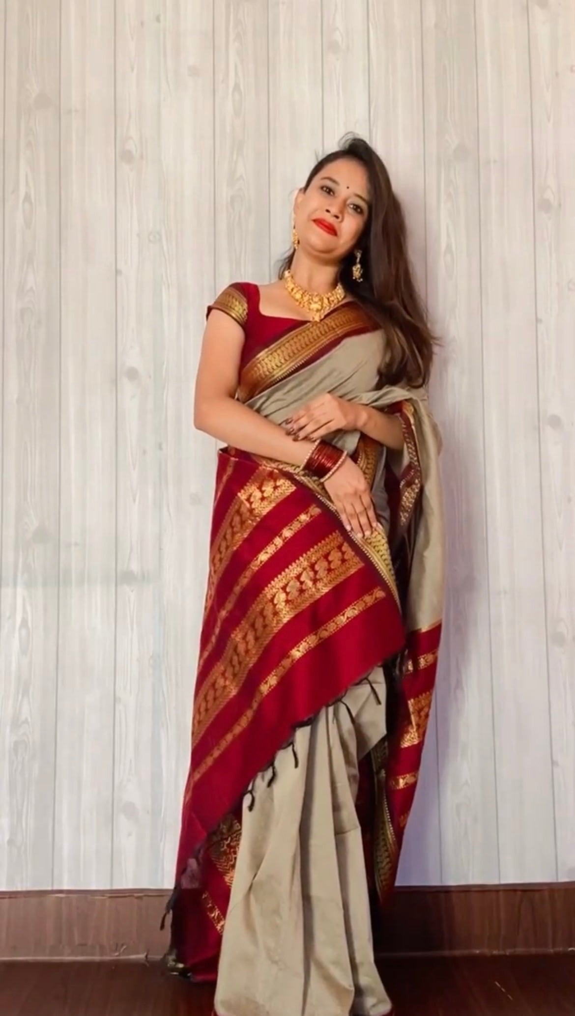 Red and Beige Silk Cotton Saree