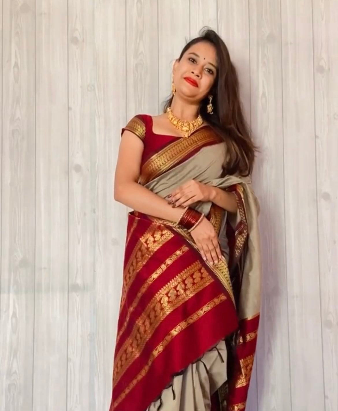 Red and Beige Silk Cotton Saree