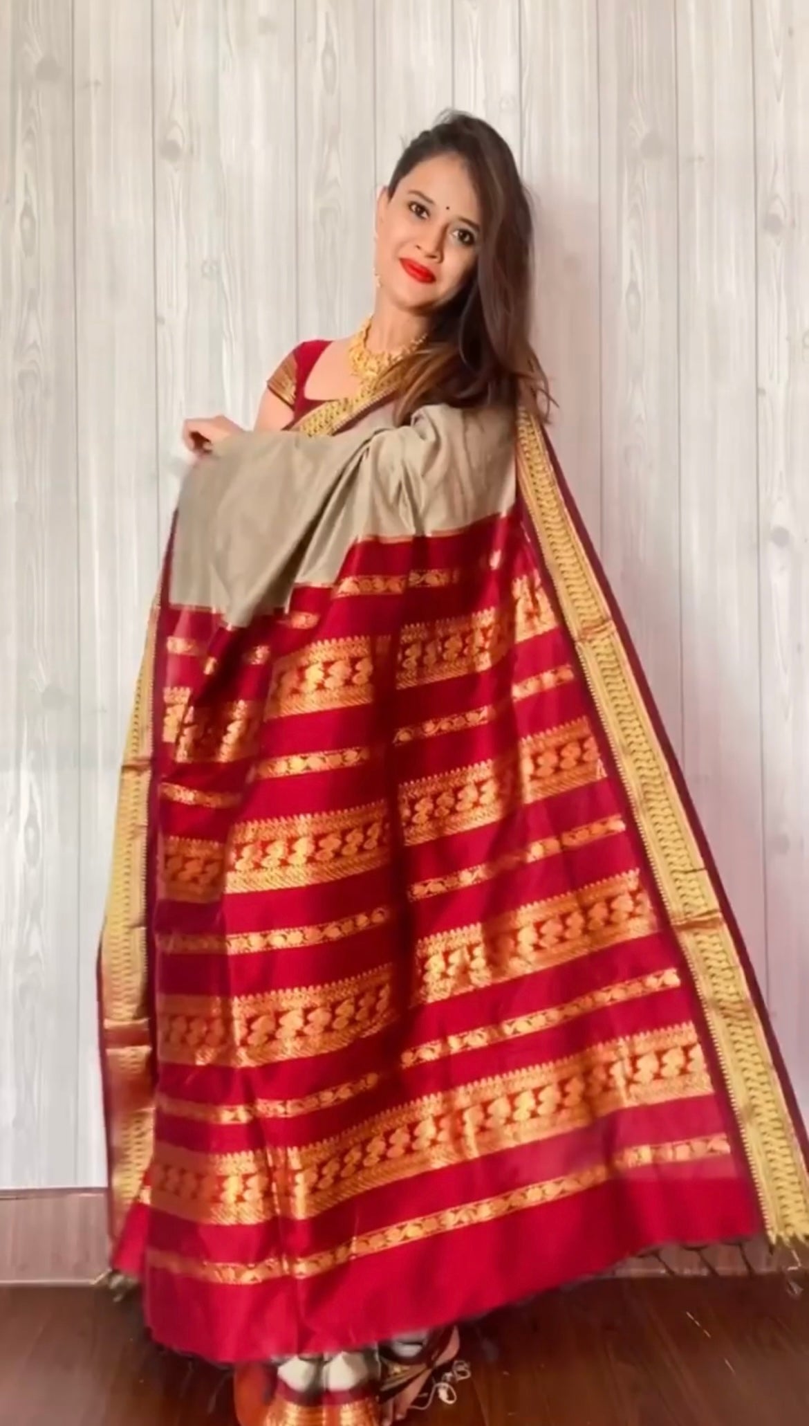 Red and Beige Silk Cotton Saree