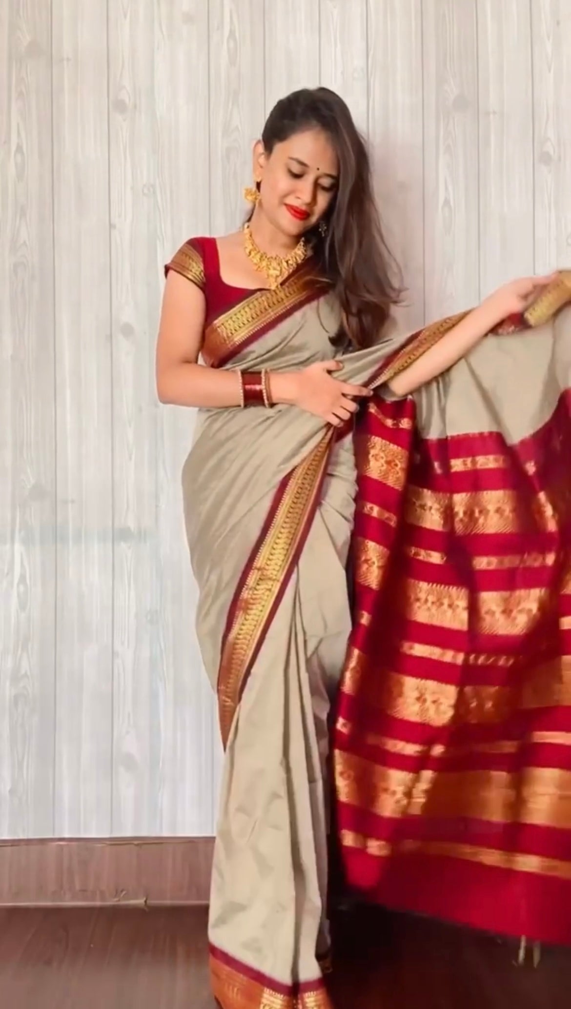 Red and Beige Silk Cotton Saree