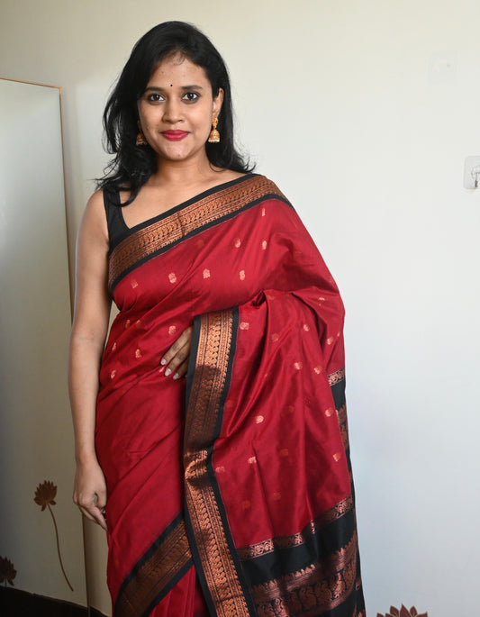 Red with Black Silk Cotton Saree