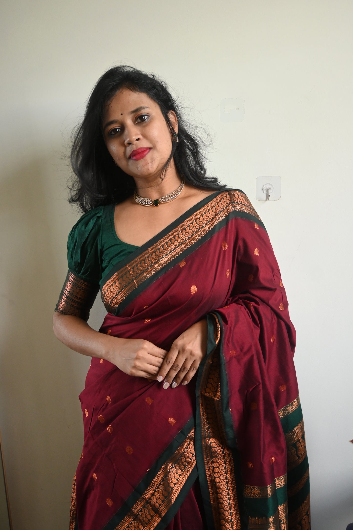 Maroon with Green Silk Cotton Saree