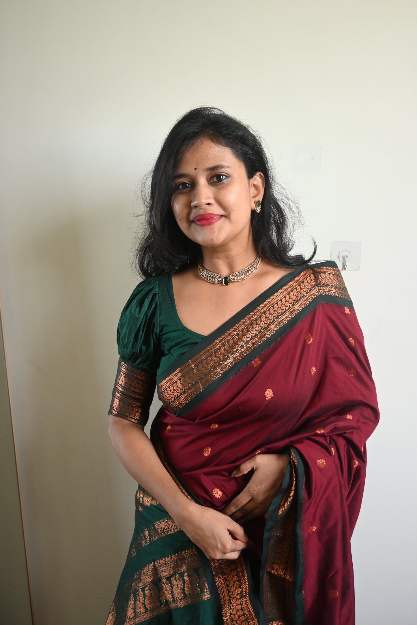 Maroon with Green Silk Cotton Saree