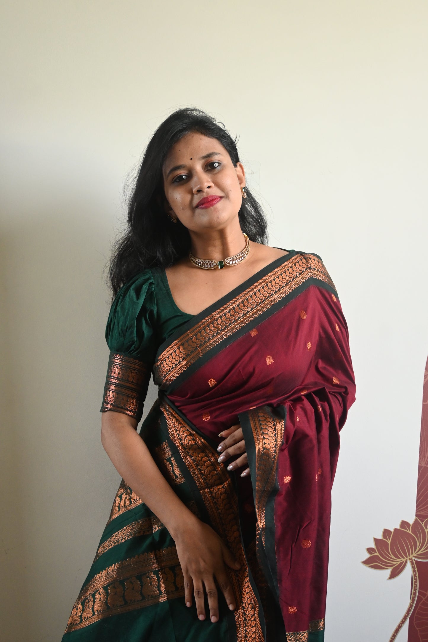 Maroon with Green Silk Cotton Saree