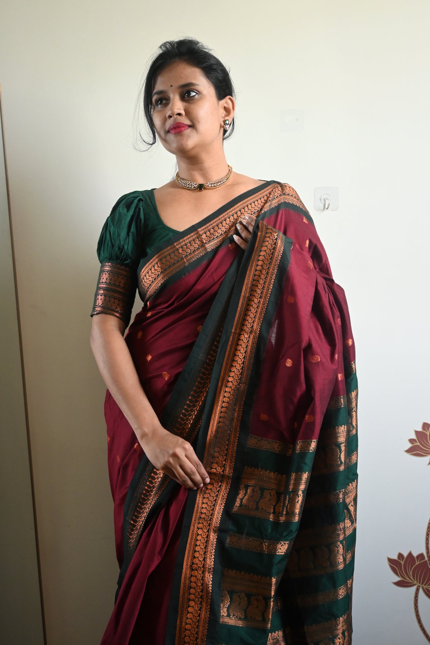 Maroon with Green Silk Cotton Saree