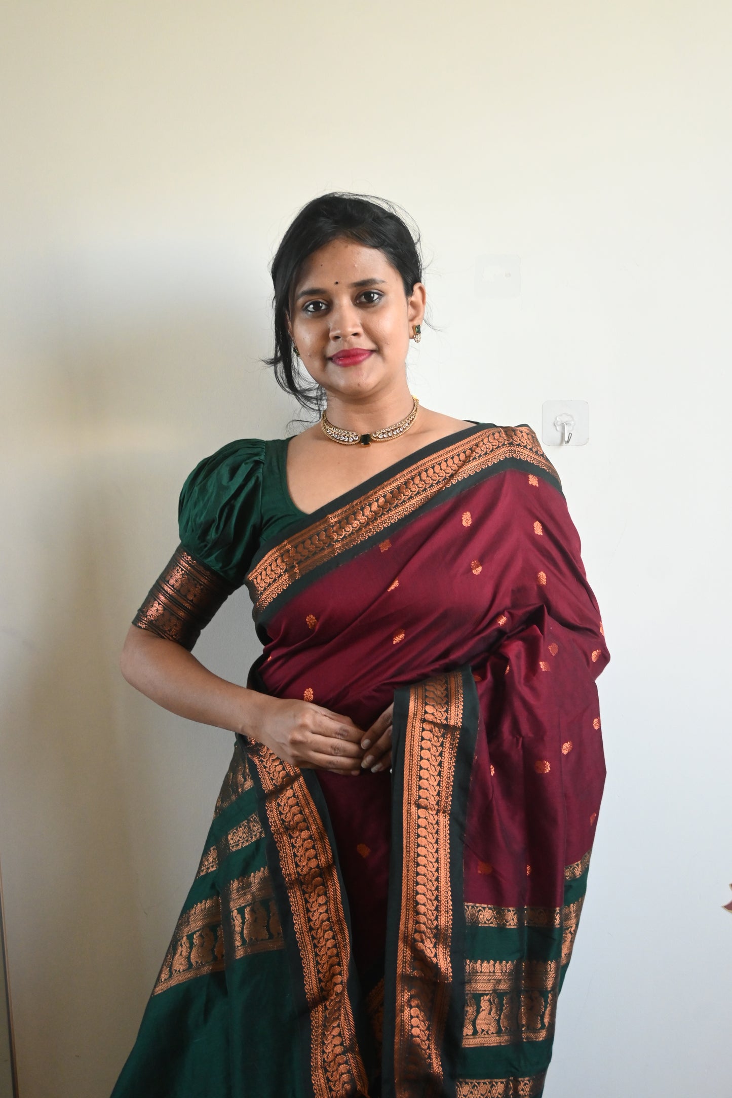 Maroon with Green Silk Cotton Saree