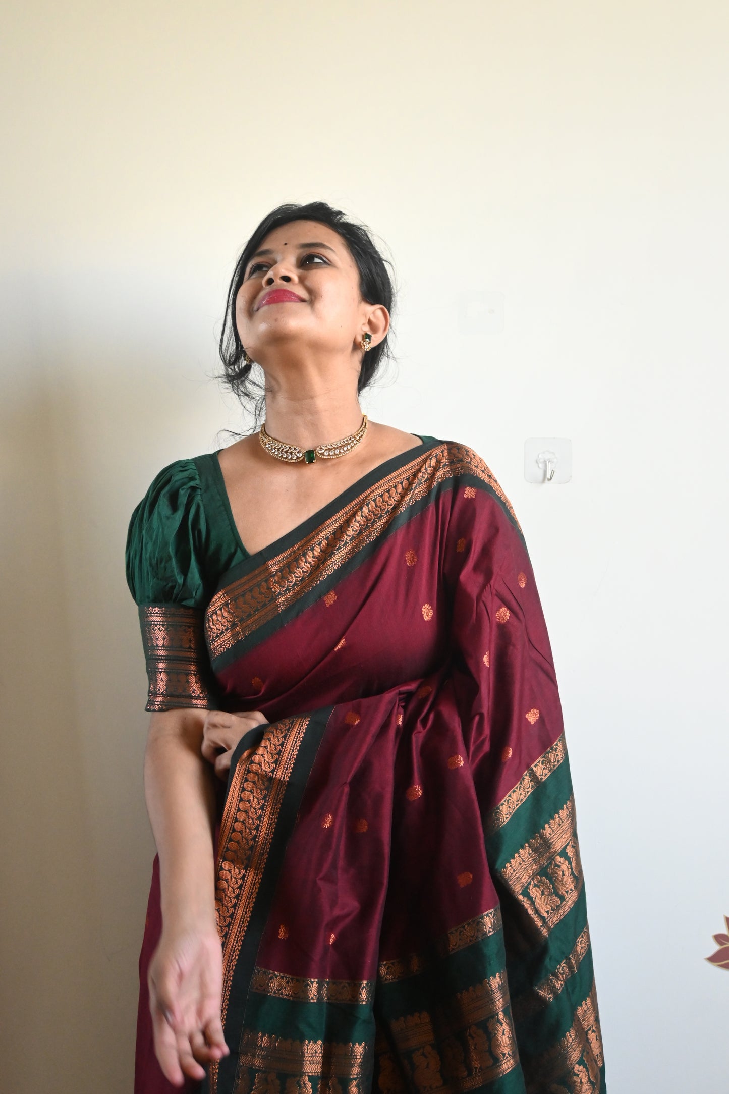 Maroon with Green Silk Cotton Saree