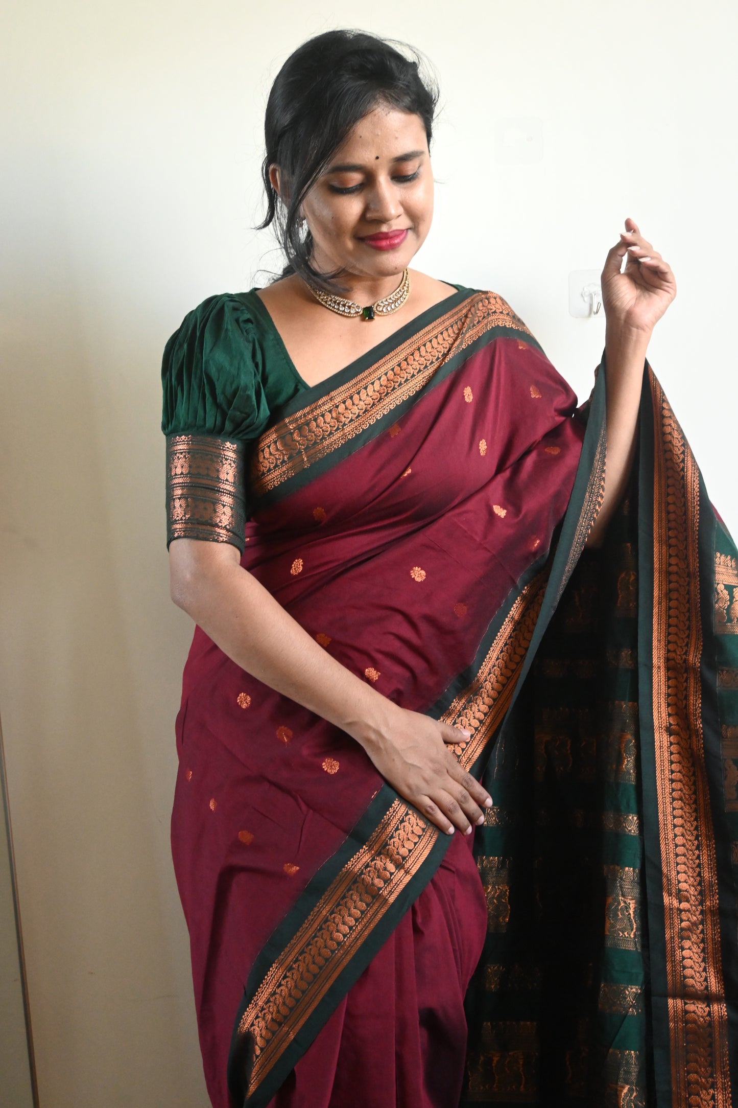 Maroon with Green Silk Cotton Saree