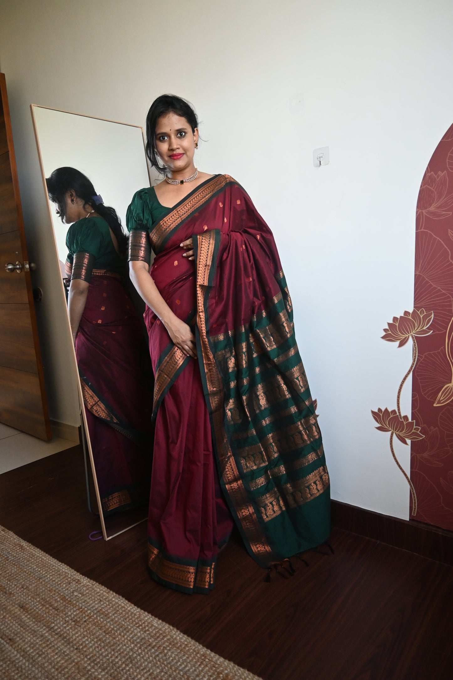 Maroon with Green Silk Cotton Saree