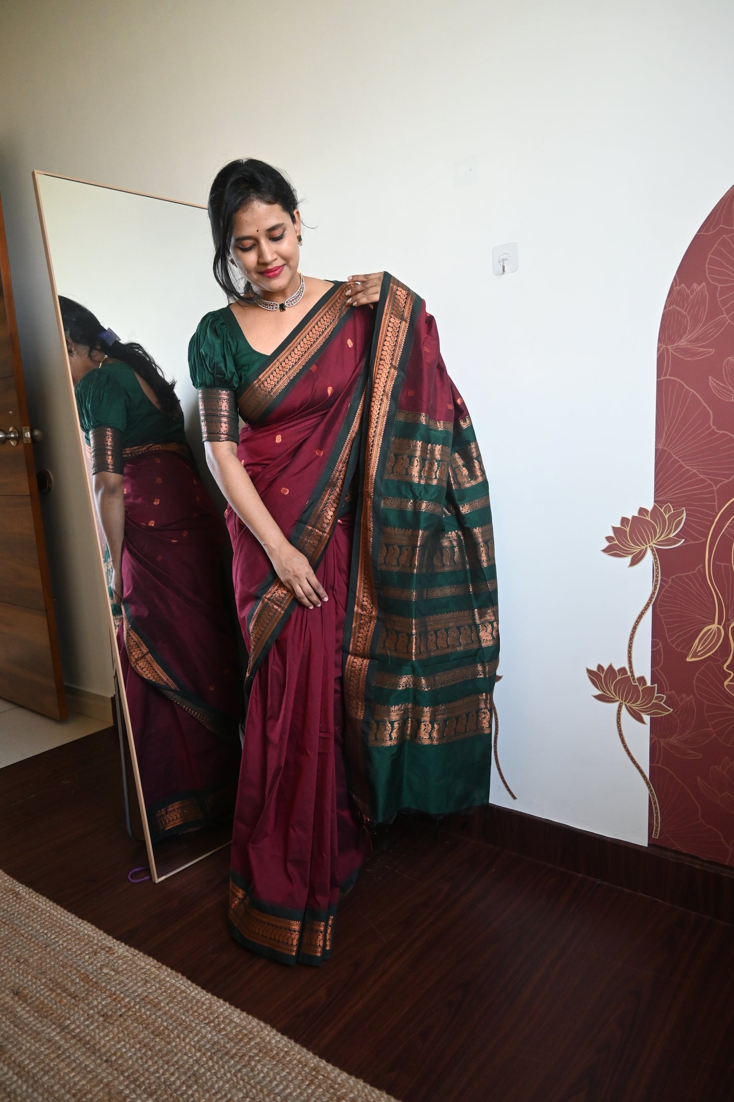 Maroon with Green Silk Cotton Saree