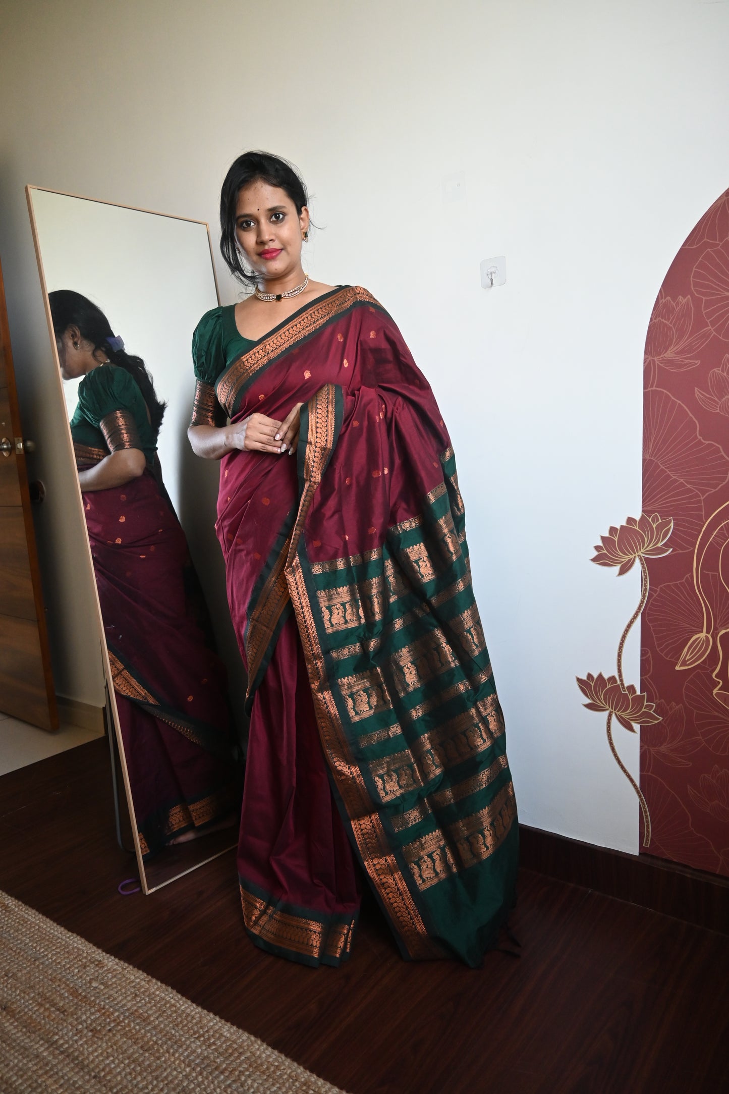 Maroon with Green Silk Cotton Saree