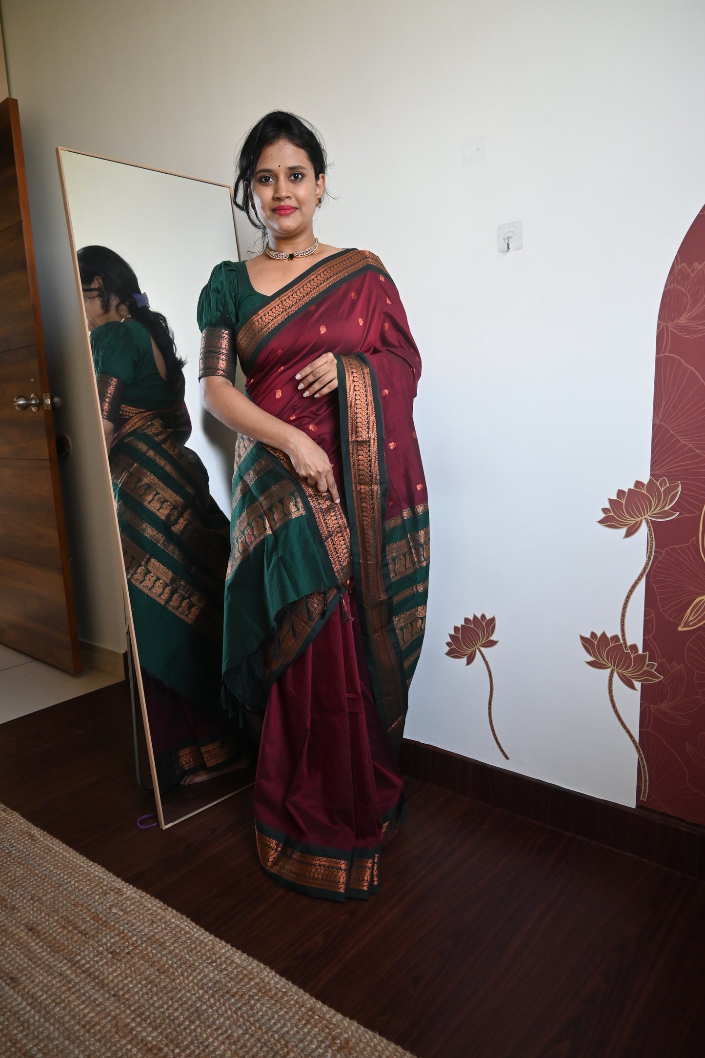 Maroon with Green Silk Cotton Saree