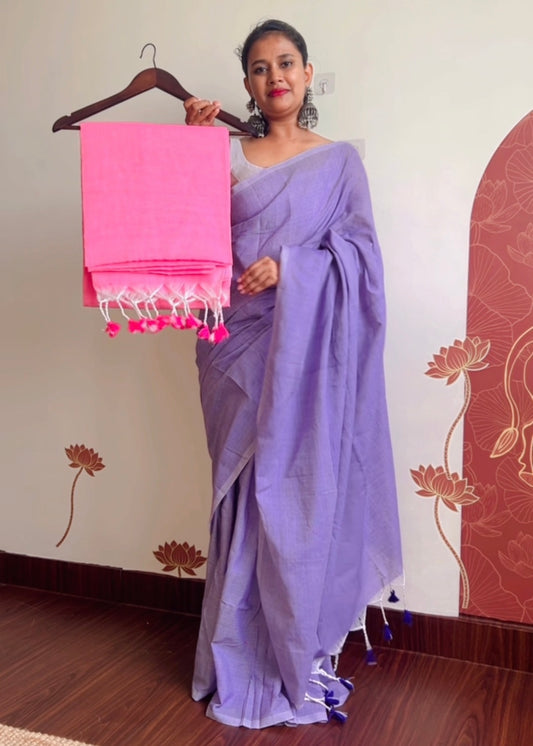 Plain Khadi Cotton With Long Tassels Saree