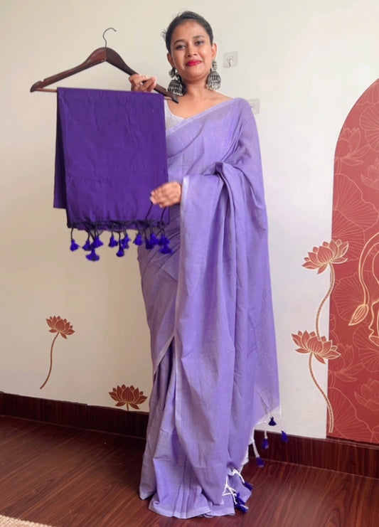 Plain Khadi Cotton With Long Tassels Saree