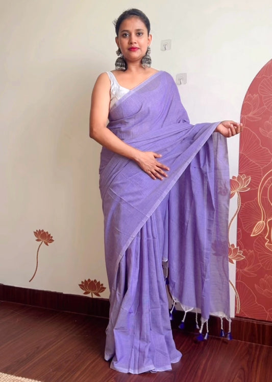 Plain Khadi Cotton With Long Tassels Saree