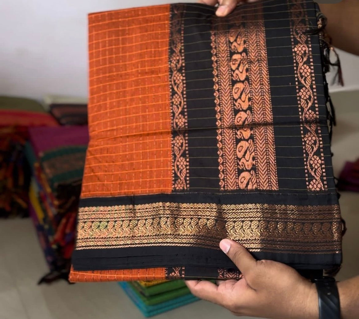 Orange With Black Silk Cotton Saree