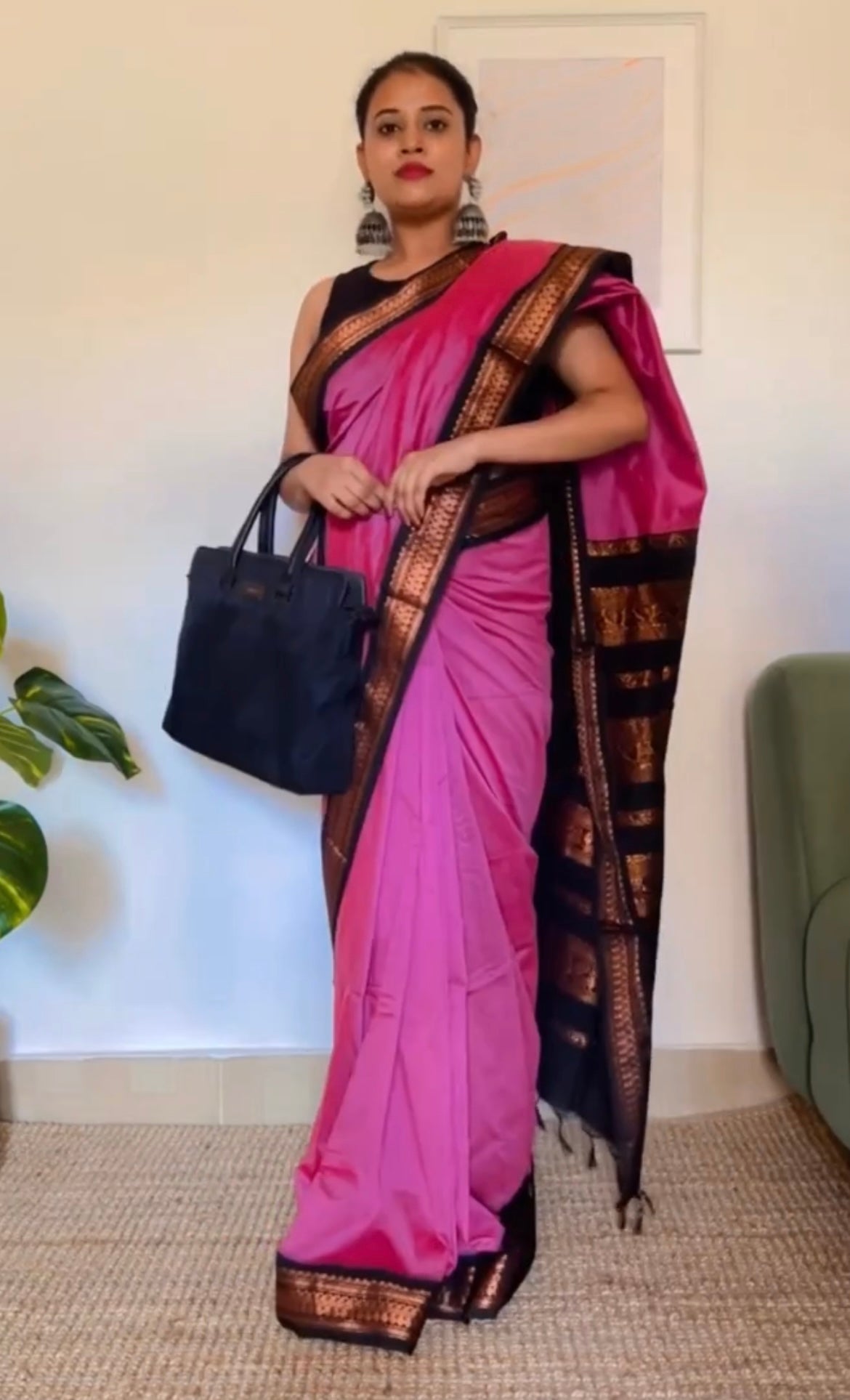 Pink with Black Silk Cotton Saree