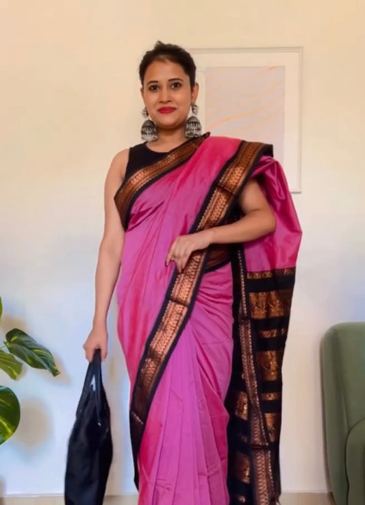 Pink with Black Silk Cotton Saree