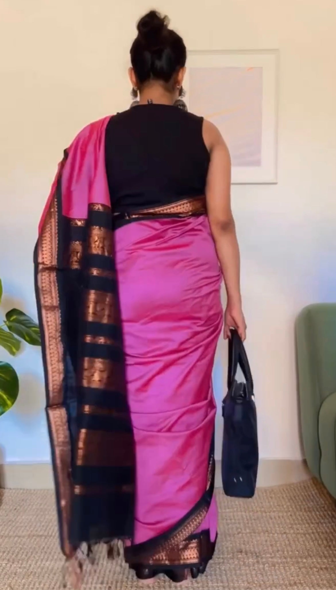 Pink with Black Silk Cotton Saree