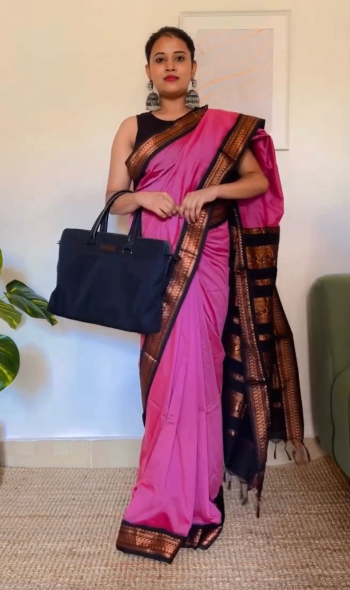 Pink with Black Silk Cotton Saree