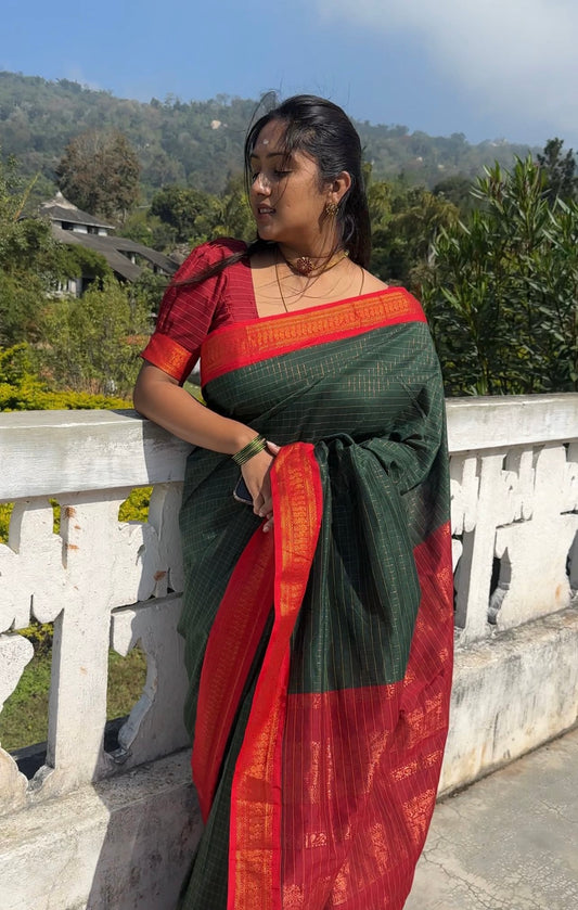 Green with Red Cotton Silk Saree