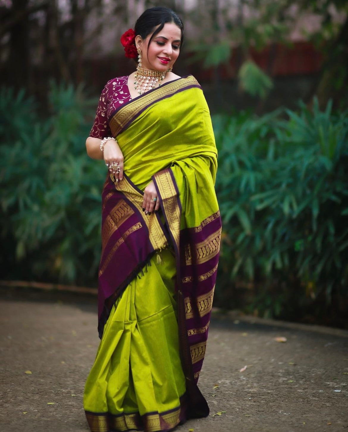 Lime with Purple Silk Cotton Saree