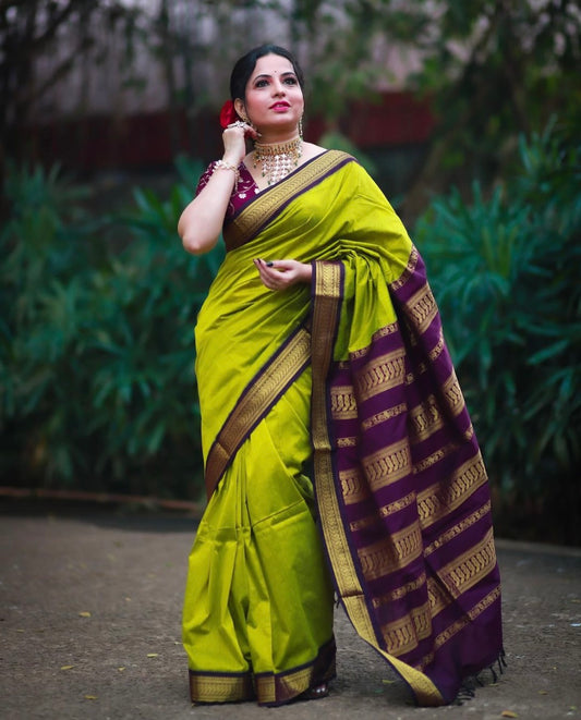 Lime with Purple Silk Cotton Saree