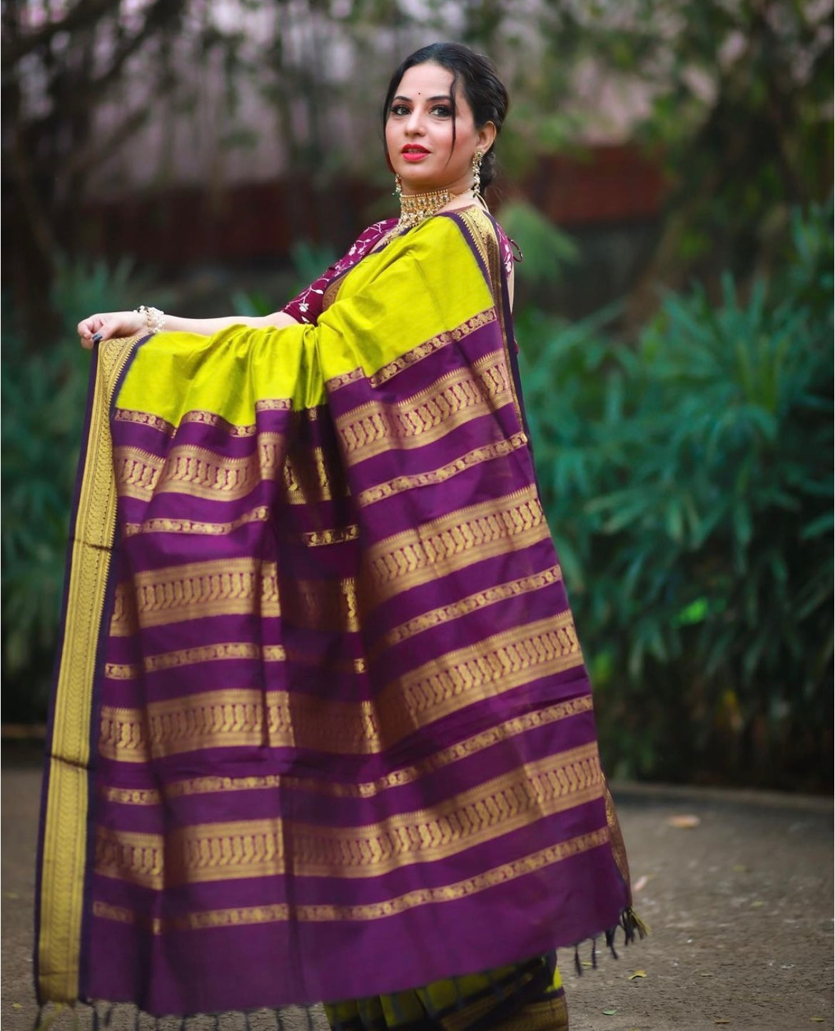 Lime with Purple Silk Cotton Saree