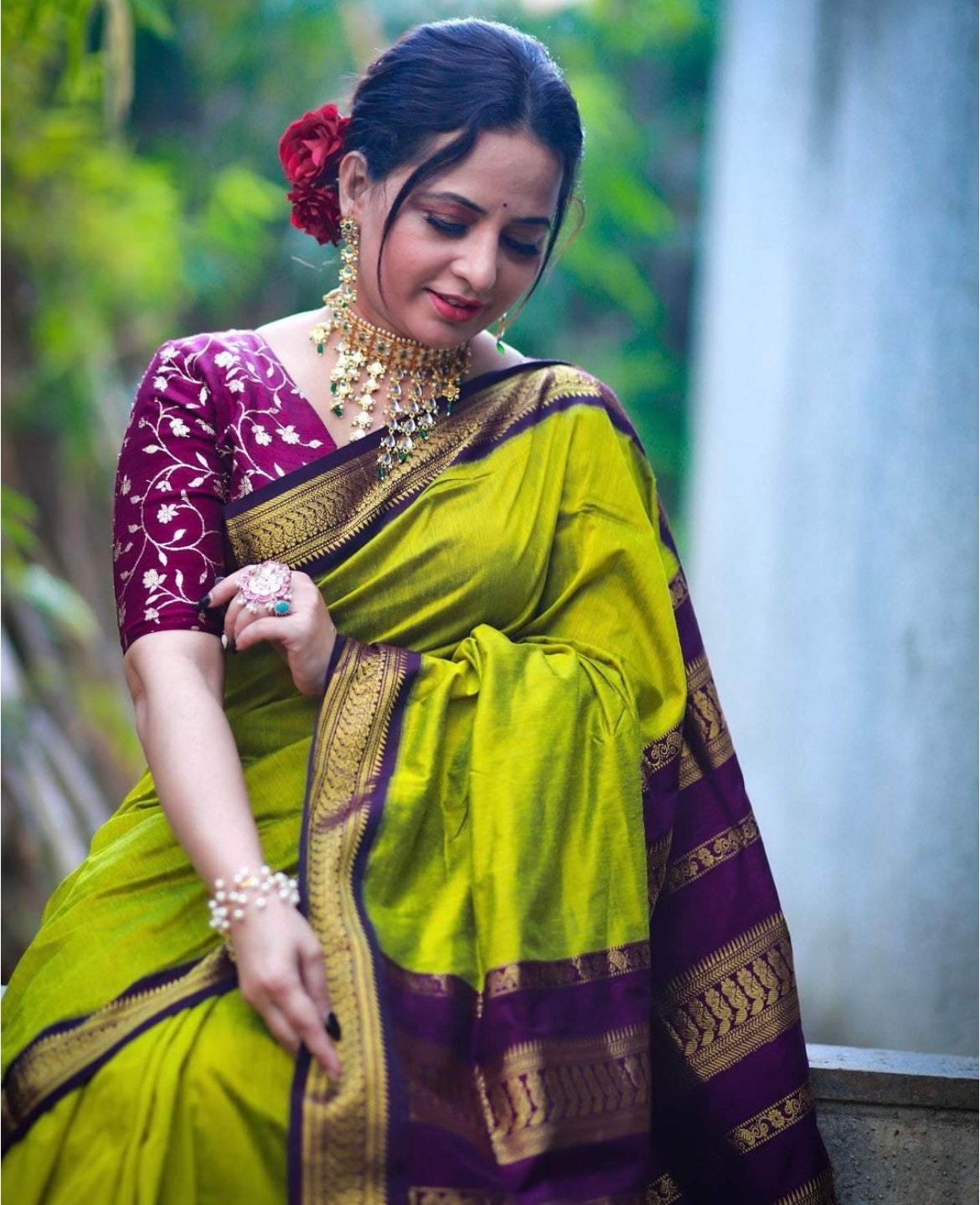 Lime with Purple Silk Cotton Saree