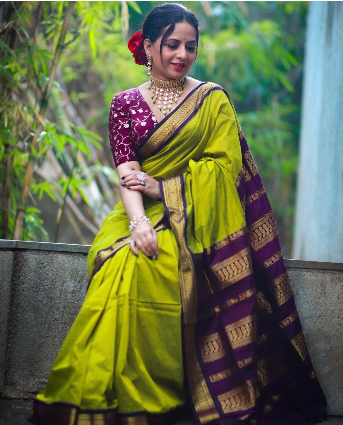 Lime with Purple Silk Cotton Saree