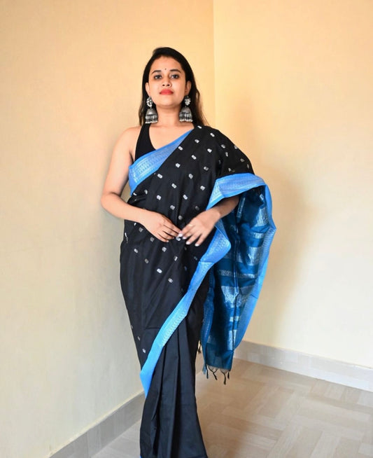 Black and Blue Butta Silk Cotton Sarees