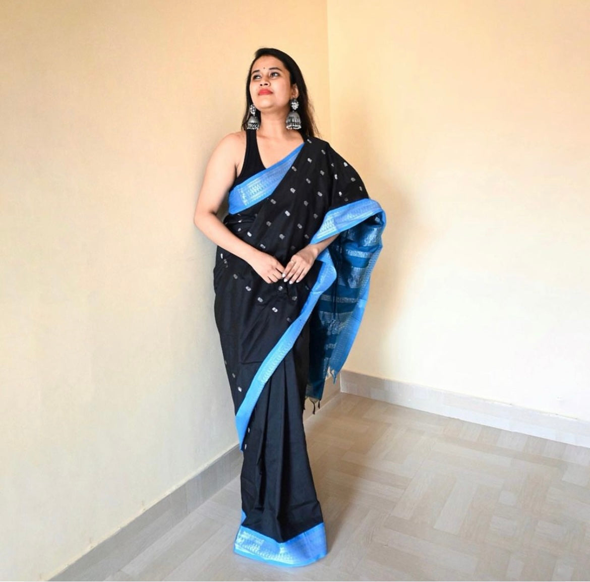 Black and Blue Butta Silk Cotton Sarees