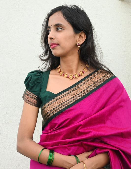 Pink with Bottle Green Silk Cotton Saree