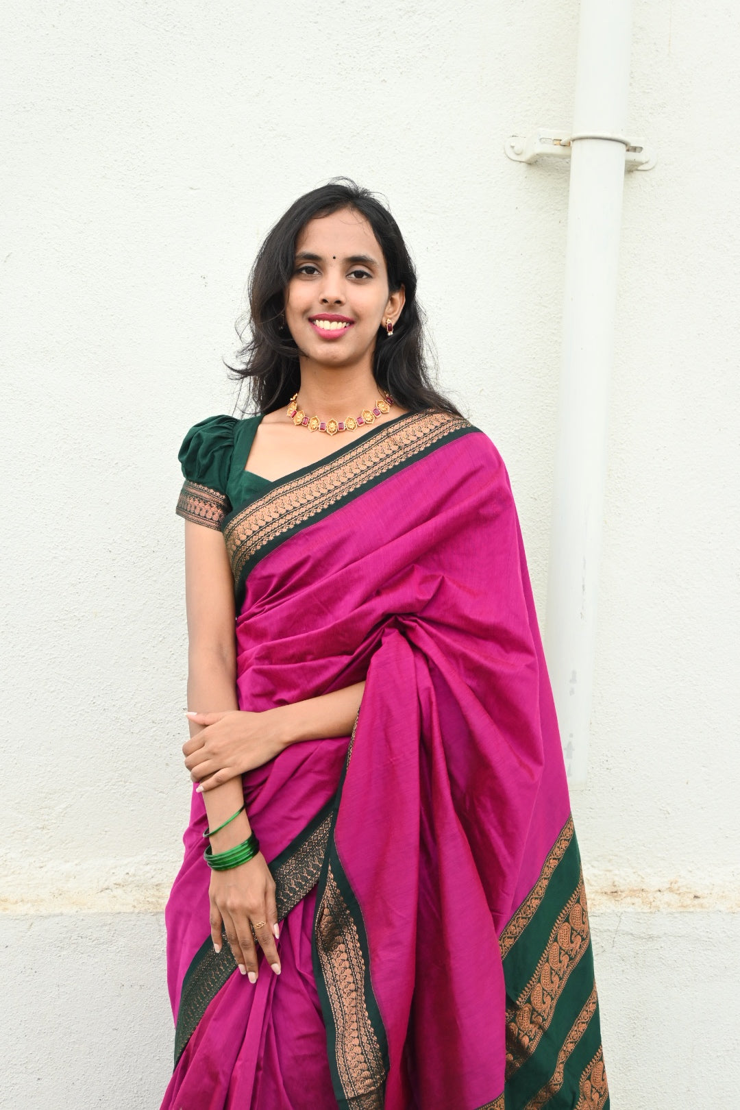 Pink with Bottle Green Silk Cotton Saree