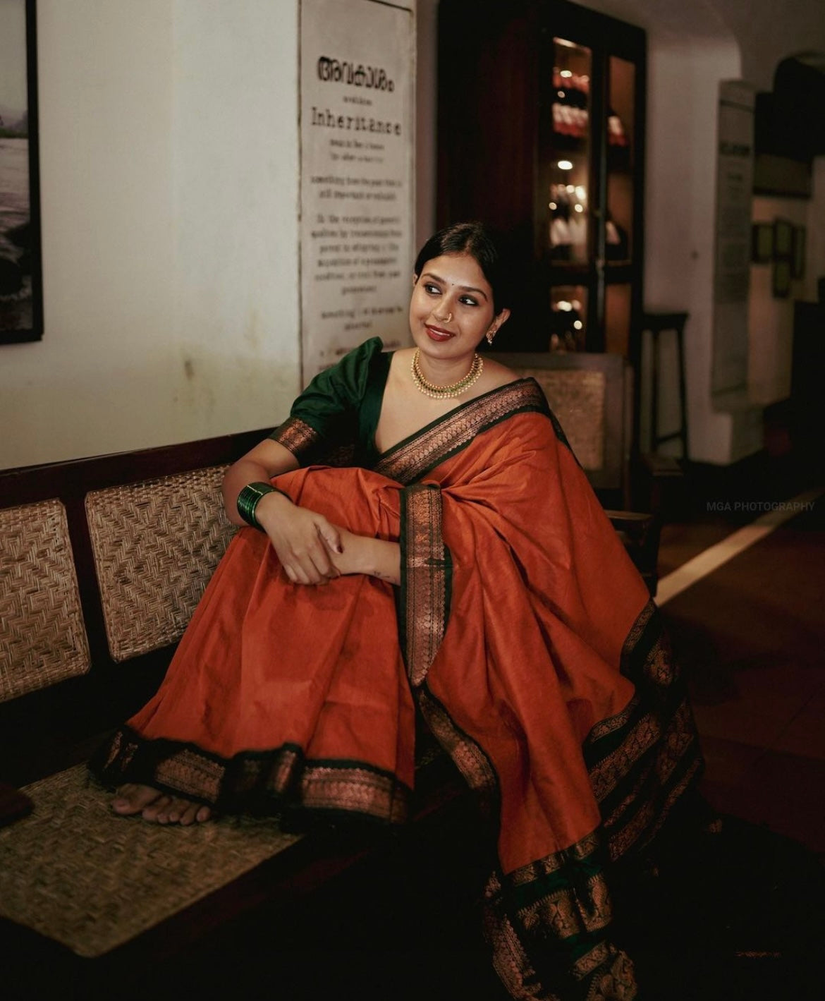 Orange with Bottle Green Silk Cotton Saree.