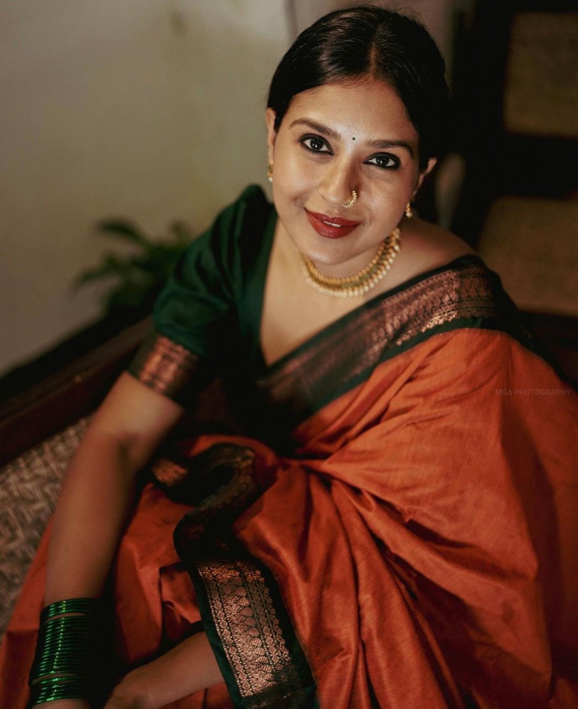 Orange with Bottle Green Silk Cotton Saree.