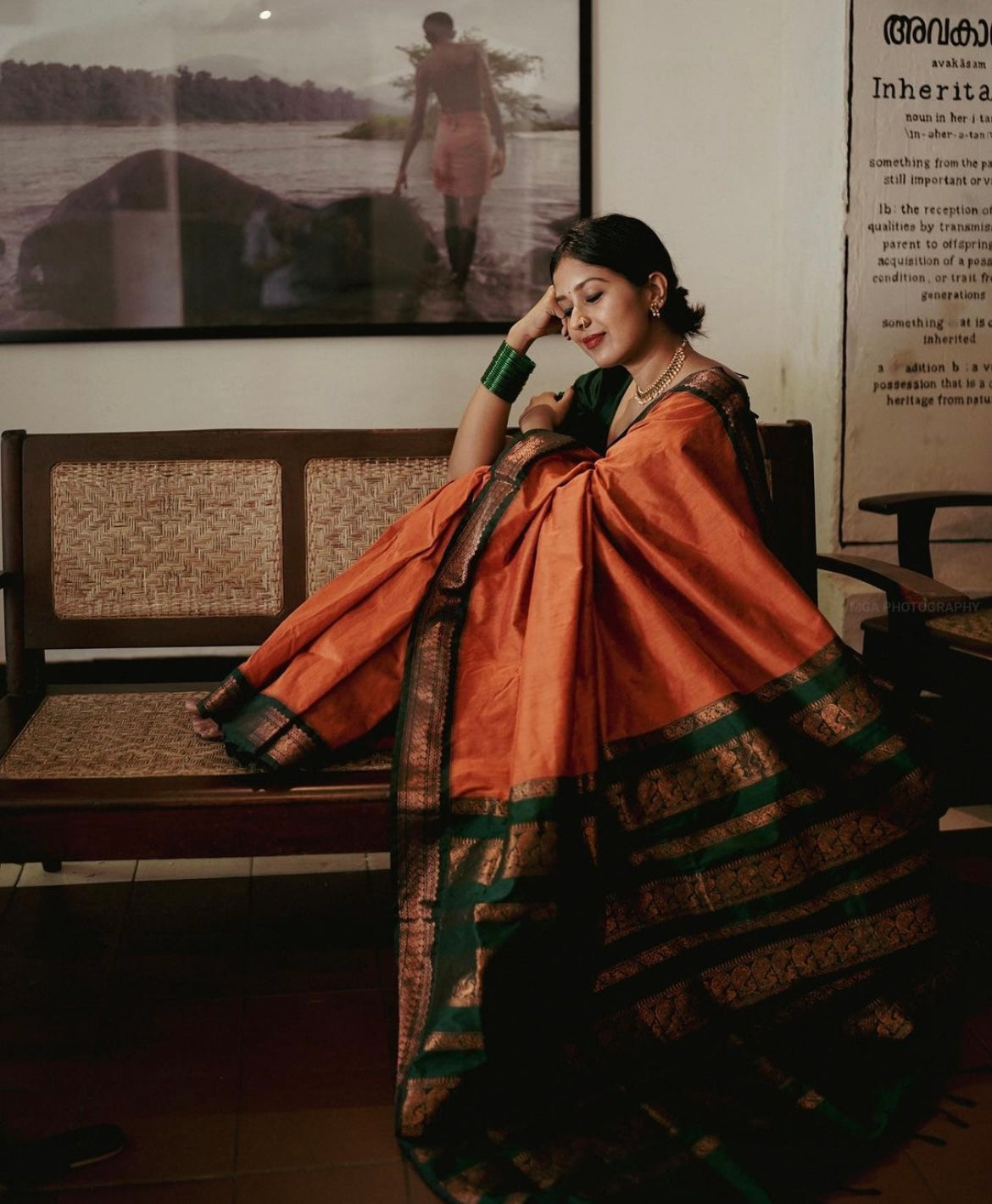 Orange with Bottle Green Silk Cotton Saree.