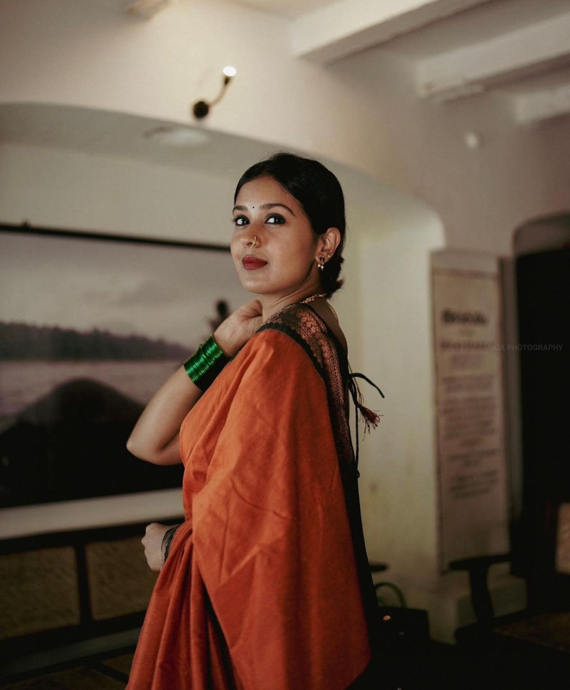 Orange with Bottle Green Silk Cotton Saree.