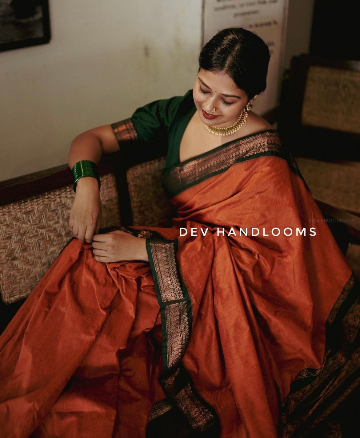 Orange with Bottle Green Silk Cotton Saree.