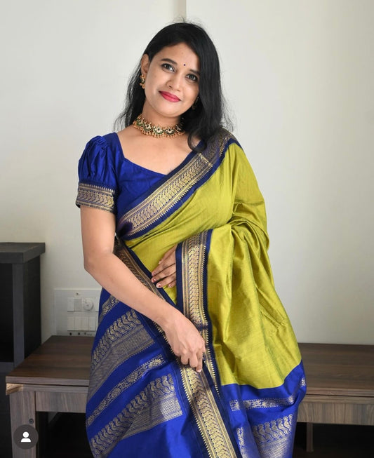 Blue with Lime Cotton Silk Saree