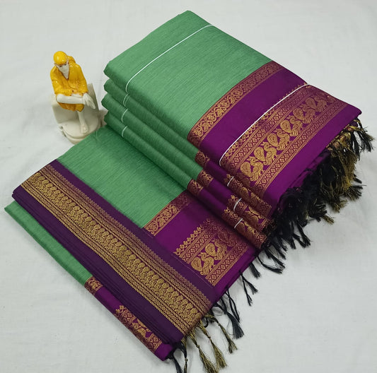 Parrot Green with Purple Silk Cotton Saree