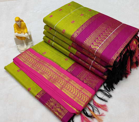 Yellow with Pink Silk Cotton Saree